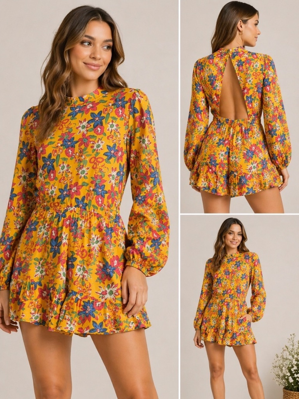 Endless Rose Vivi Yellow  Floral Print Long Sleeve Open Back Romper Size XS